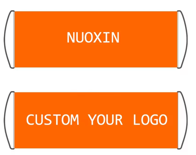 Orange retractable hand banner with placeholder logo for brand marketing