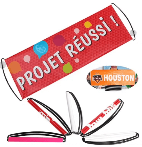 Red retractable hand banner with white text promoting 'Project Reusel' – ideal for political or community campaigns