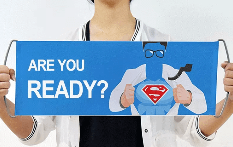 Blue hand banner with 'ARE YOU READY?' and superhero design for team motivation