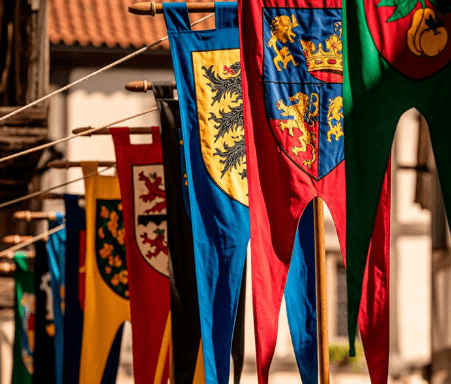 Collection of custom medieval banners in various shapes and colors – including shield, pennant, and swallowtail designs