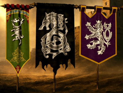 Close-up of custom medieval flag with detailed embroidery and rich texture