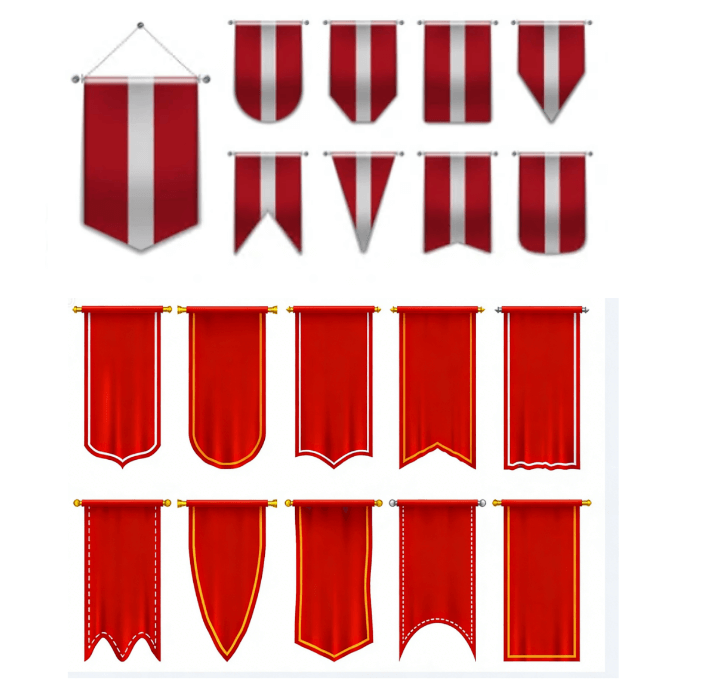 Medieval banner designs – Crusader-style red and silver flags in various shapes including shield, pennant, and swallowtail