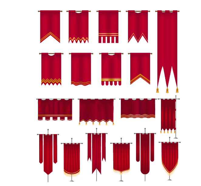 Luxurious medieval banner styles – red and gold ceremonial flags with tassels, ornate edges, and decorative finials