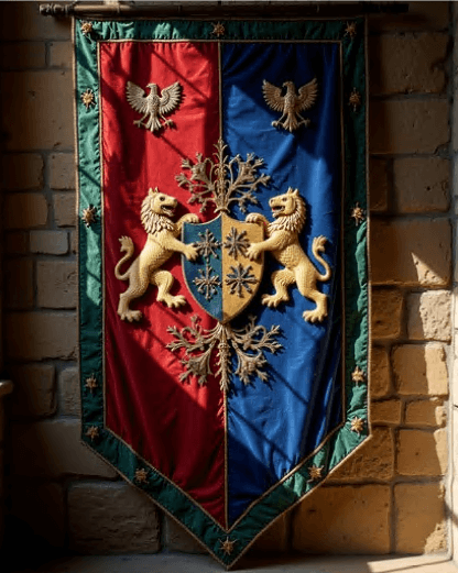 Blue Renaissance flag with gold fleur-de-lis on satin – elegant castle wall decor or historical event