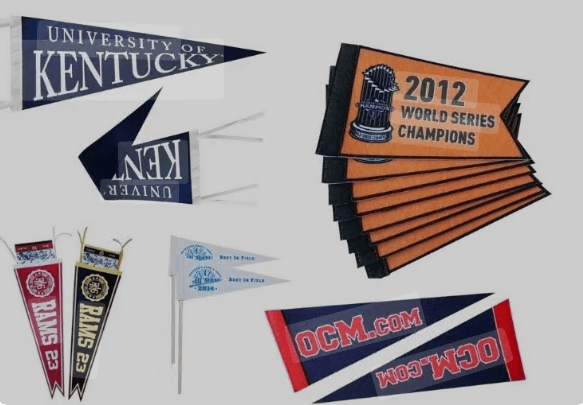 Group of custom felt pennants with school logos and championship dates