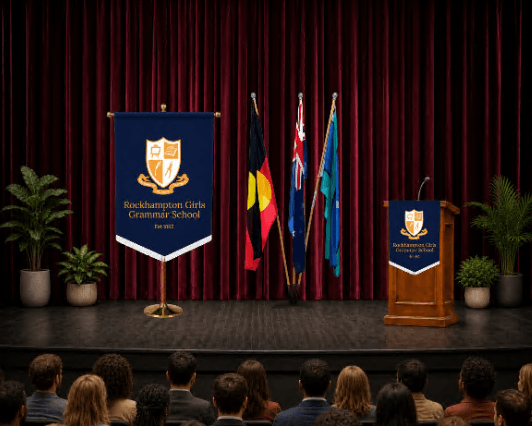 Custom podium banner and vertical hanging banner displayed at a school ceremony