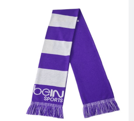 A purple and white striped beIN SPORTS branded scarf with fringe ends, representing soccer scarves custom tailored for sports media promotions and fan merchandise.