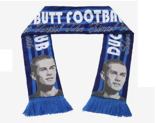 Blue striped custom soccer scarf with player portrait and Butt Soccer text design