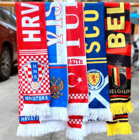Custom soccer scarf collection for Croatia, Turkey, Scotland, and Belgium national teams with embroidered badges
