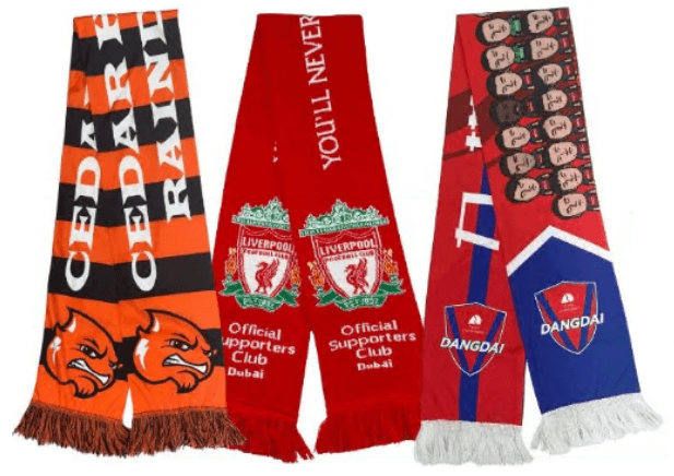 Soccer scarves custom made for World Cup 2026 teams including USA, Brazil, Argentina, France, and Germany with national flags