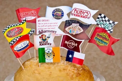Custom toothpick flags on burgers and fries for food branding