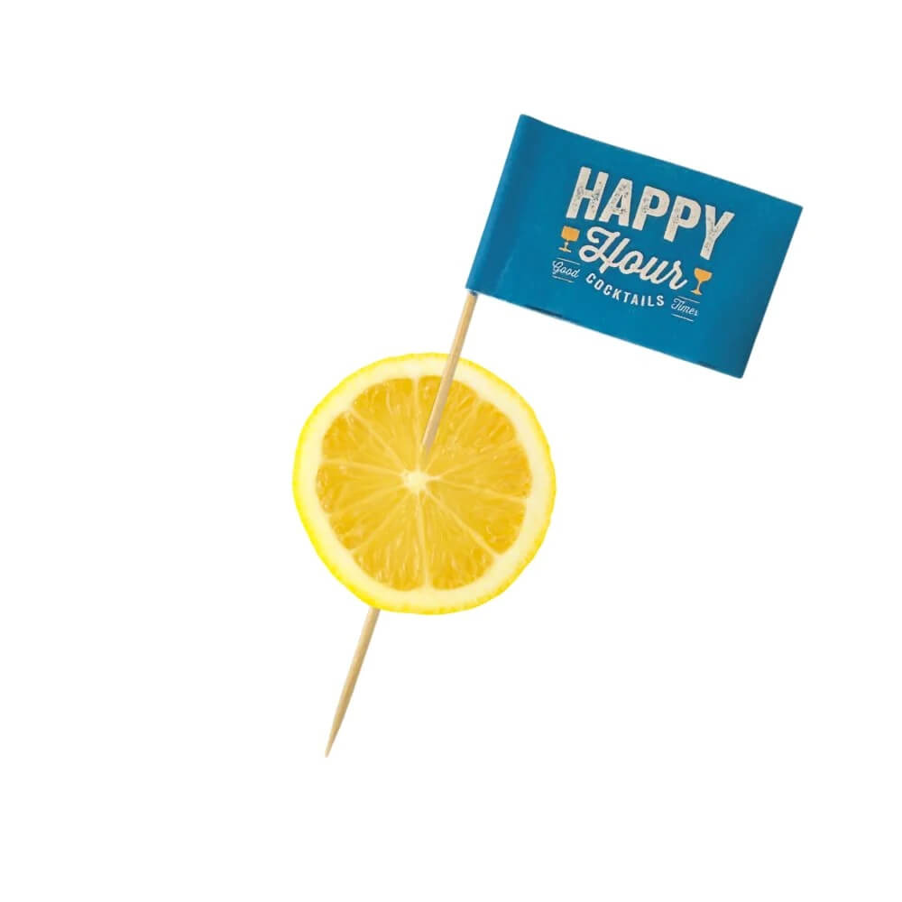 Multiple custom toothpick flags displayed on a black jersey, showcasing logo printing and branding options.