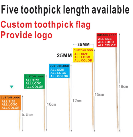 Size chart showing five available custom toothpick flag dimensions: 10mm, 15mm, 20mm, 25mm, and 30mm.